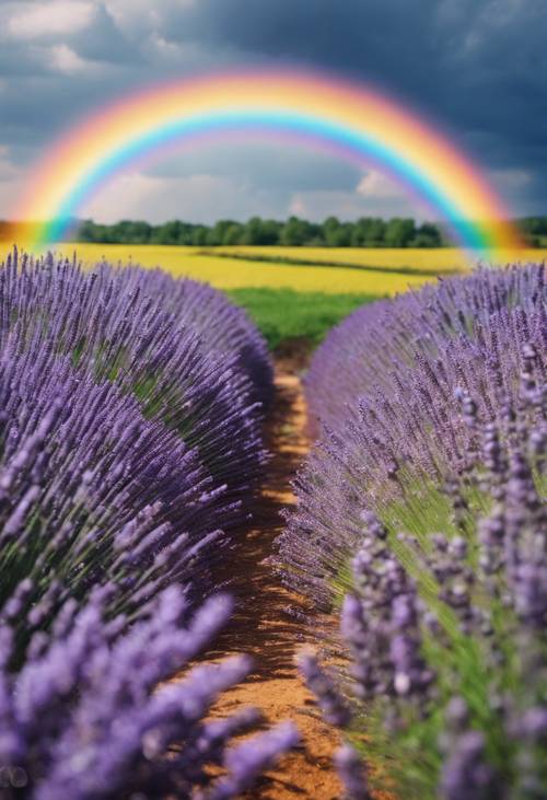 Ein sonniges Lavendelfeld mit einem leuchtenden Regenbogen, der nach einem frischen Sommerregen erscheint.