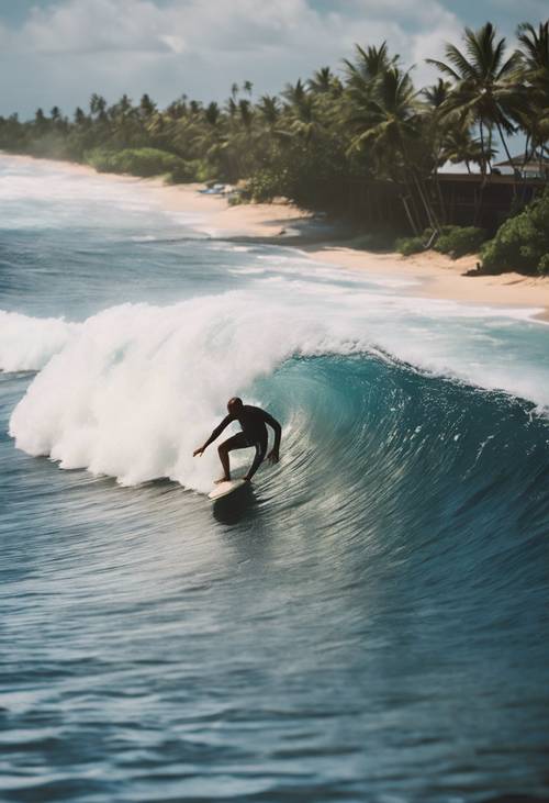 Local Hawaiian surfers riding the towering waves of the famous Banzai Pipeline.