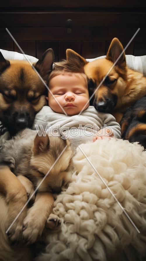 함께 껴안고 있는 평화로운 아기와 개들