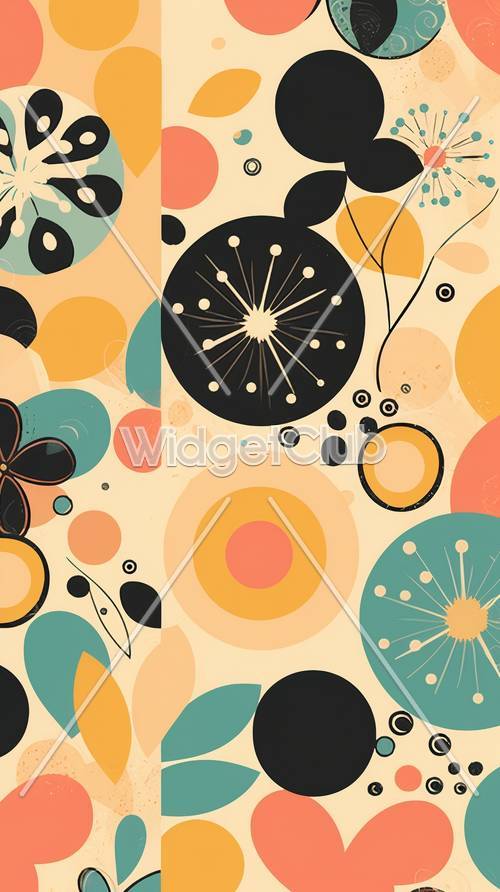 カラフルな円と花柄が特徴のレトロデザインの壁紙