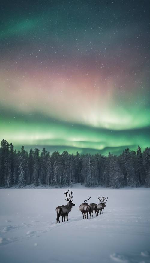 A snowy landscape in Finland, featuring reindeer grazing underneath the Northern Lights.