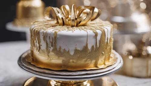 Un gâteau métallique doré et argenté dans un présentoir à desserts.