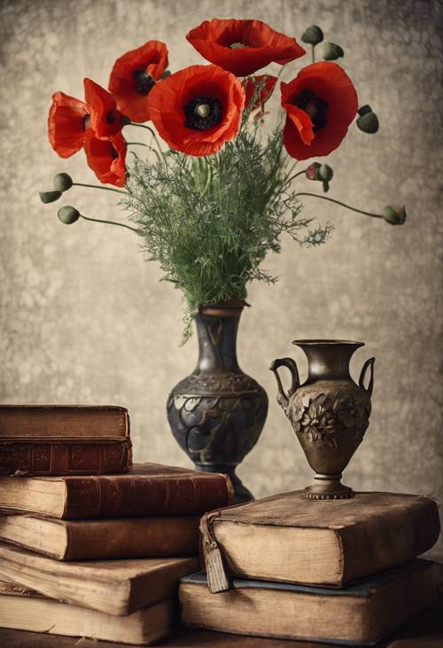 Lukisan alam benda antik yang menampilkan vas bunga poppy dengan latar belakang buku-buku tua dan renda.