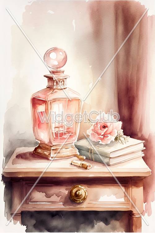 Bottiglia di profumo vintage e rosa romantica Art