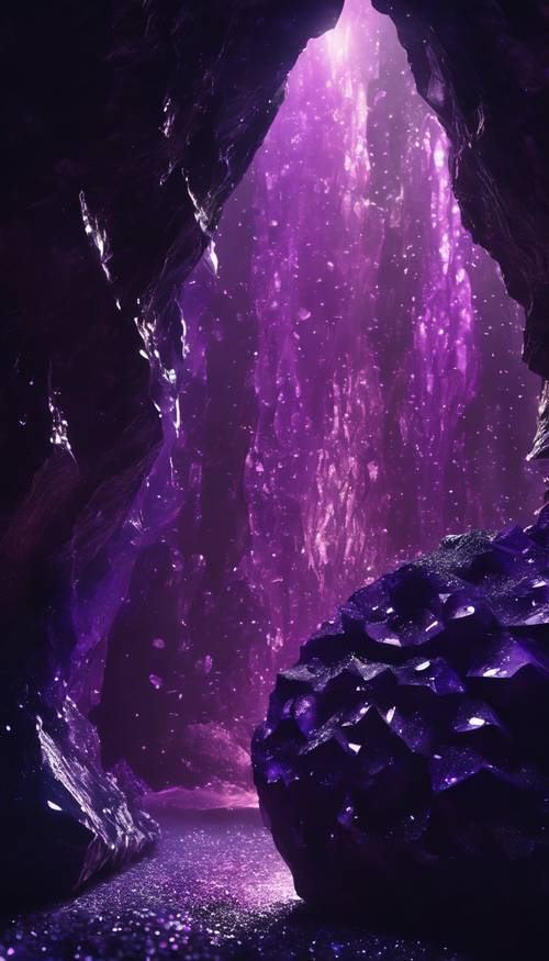 薄暗い洞窟でキラキラ輝く濃い紫色の結晶