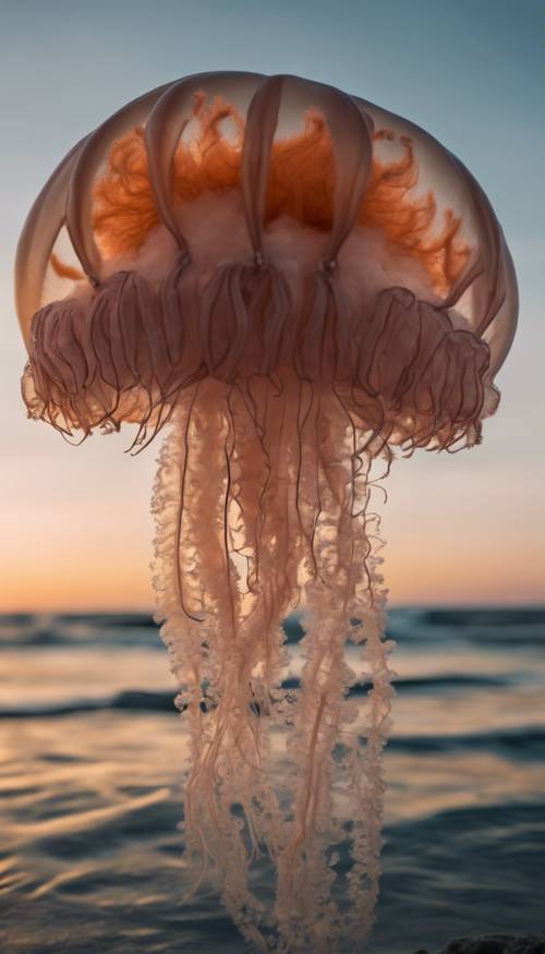 Una medusa melena de león con volantes en medio de su sesión de caza durante el amanecer.