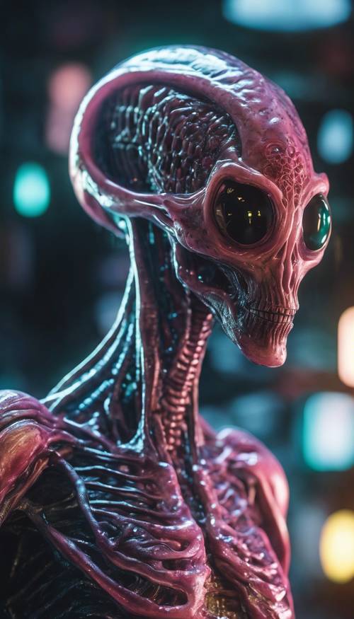 Um alienígena com pele translúcida neon revelando órgãos internos intrincados