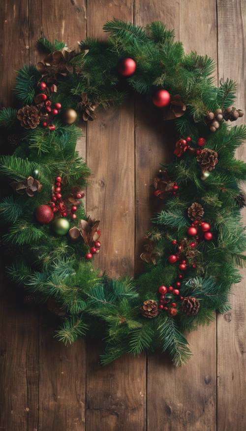 An overhead shot of a green Christmas wreath hanging over a wooden table. Wallpaper [0a32e719f5d94226a436]