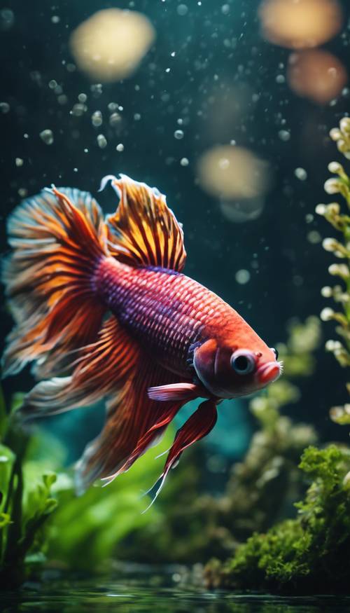 Um vibrante peixe Betta nadando majestosamente entre as plantas aquáticas fluidas.