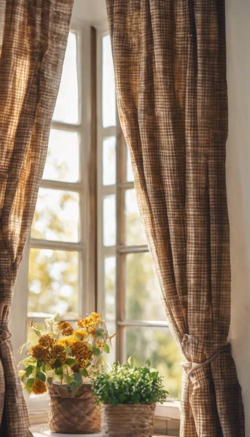 Cuadros marrones y crema, cortinas de cabaña atadas hacia atrás para ver un soleado jardín exterior.