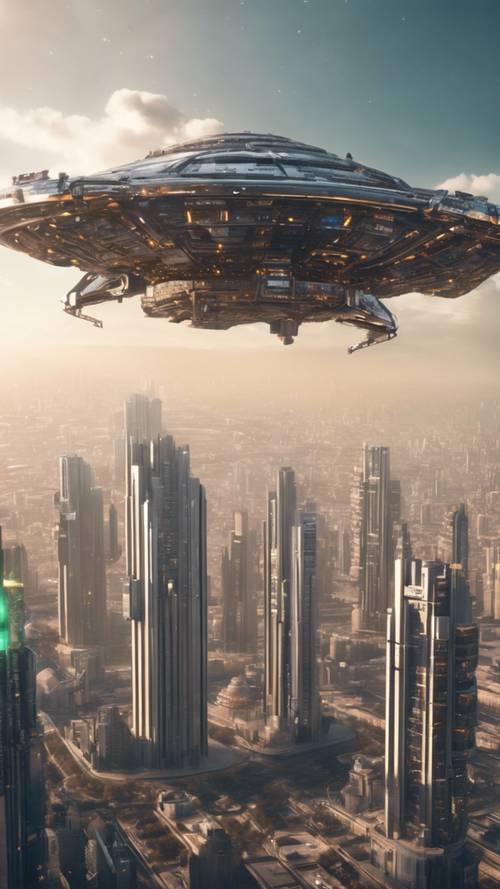 Cyber-Y2K 스타일의 우주선이 드넓은 외계 도시 풍경 위로 솟아오릅니다.
