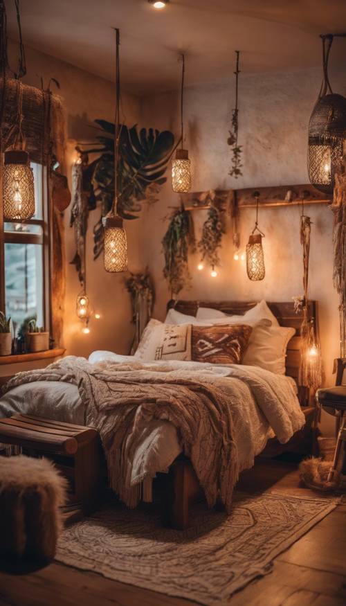 波西米亚风格的卧室，氛围舒适，装饰有温暖的灯光