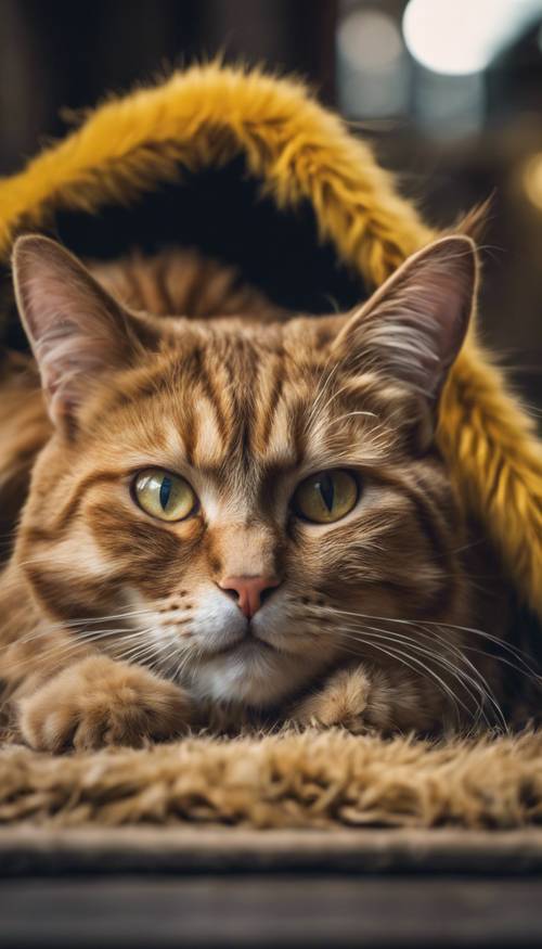 一隻懶洋洋的貓，有著深黃色的皮毛。