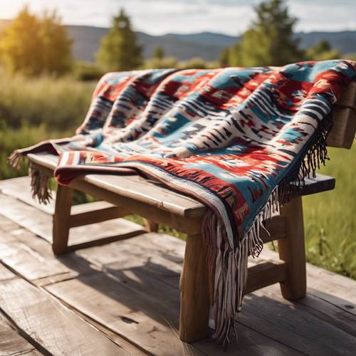 A traditional Native American pattern blanket draped over a wooden bench Tapeta [be6b397d45b4469483a1]