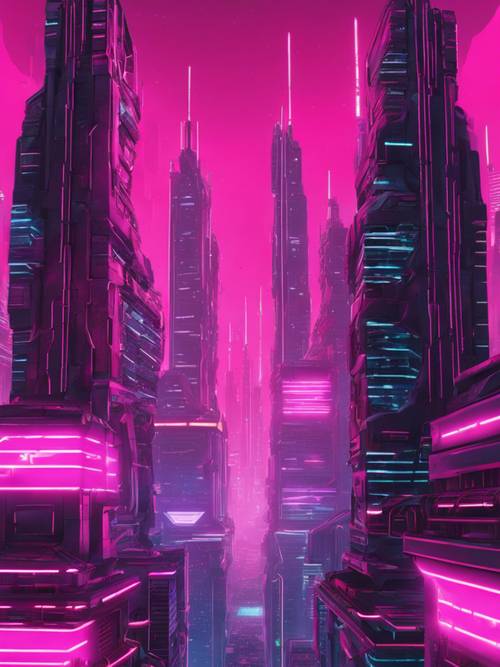 Ein intensiver Panoramablick auf Wolkenkratzer im Cyberpunk-Stil, die in rosa Lichtern leuchten.