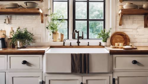 A cottage-style kitchen with a farmhouse sink, open shelving, and plenty of natural light. Tapet [f5c3d1e1496f4bebaa36]