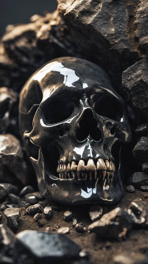 Crânio incrustado em rocha obsidiana.
