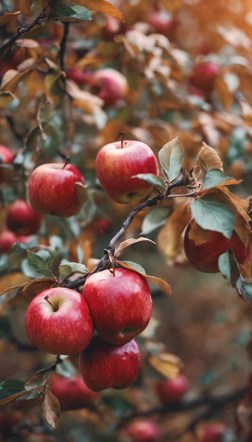 秋天果園新鮮採摘的涼爽紅蘋果。