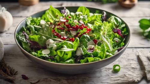 Cuplikan salad hijau yang menggoda, melambangkan pola makan sehat untuk menurunkan berat badan.