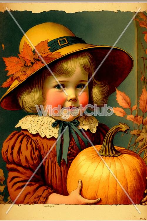 Autumn Girl with Pumpkin and Leaves