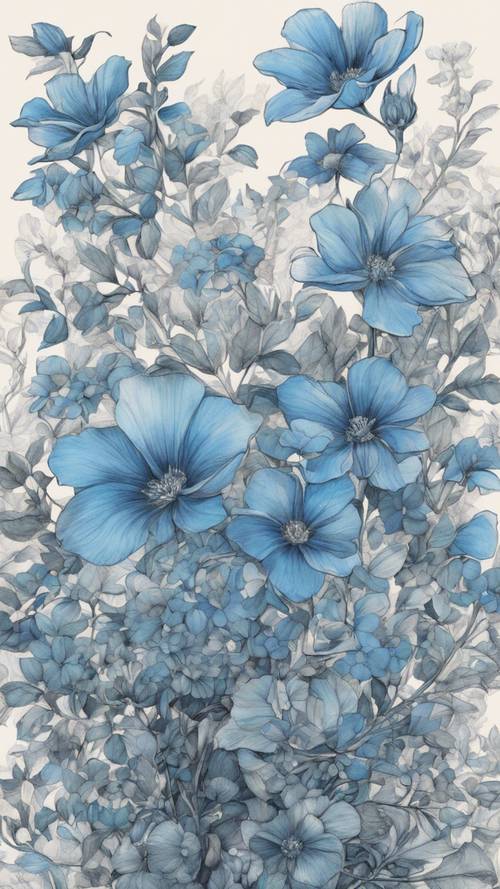 Karmaşık yapraklar ve sarmaşıklarla birlikte çiçek açan güzel bir dizi mavi çiçeğin ayrıntılı bir çizimi.