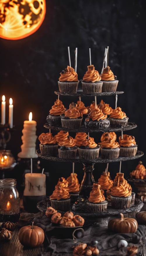 A sweet yet spooky dessert table loaded with Halloween-themed cupcakes, candy apples, and themed beverages, standing against a backdrop of a full Hunter's moon.