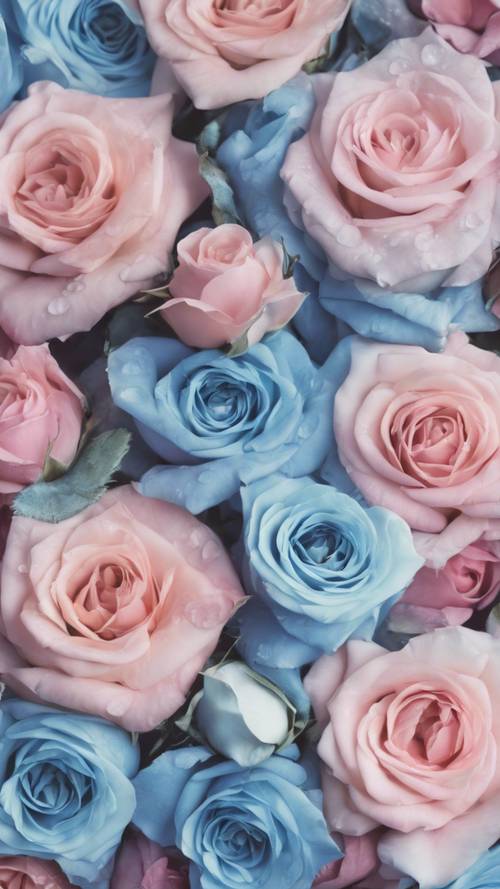 抽象的な花柄のピンクと青の壁紙。可愛らしいローズもあります