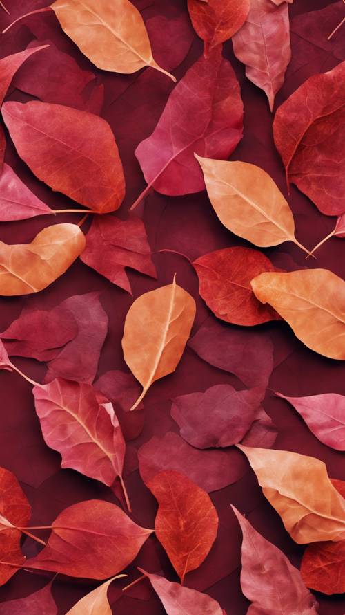 Sonbaharda düşen yaprakları anımsatan, ateşli yakut ve kızıl rengi şekillerden oluşan soyut, mozaik desenli bir desen.