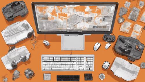 Eine Draufsicht auf einen orange-weiß gestalteten Gaming-Schreibtisch mit mehreren Bildschirmen.