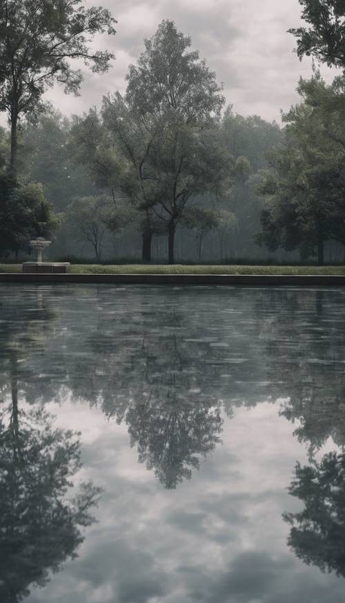 Ein friedlicher Regentag mit hellgrauen Wolken, die den Himmel bedecken und sich in einem ruhigen reflektierenden Teich spiegeln.