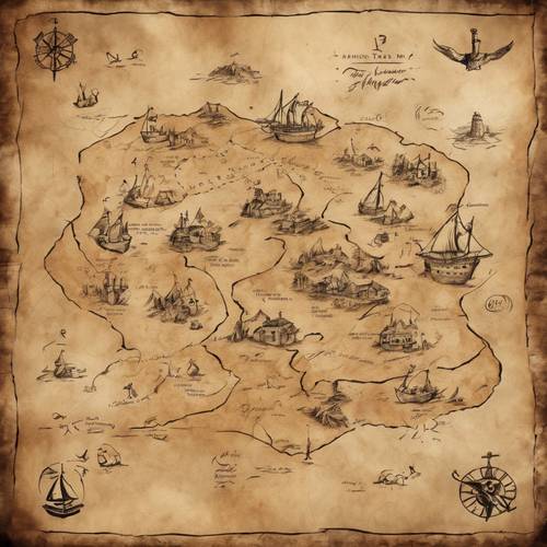 Un mapa del tesoro dibujado a mano sobre papel desgastado, con una X marcando la ubicación del tesoro escondido.