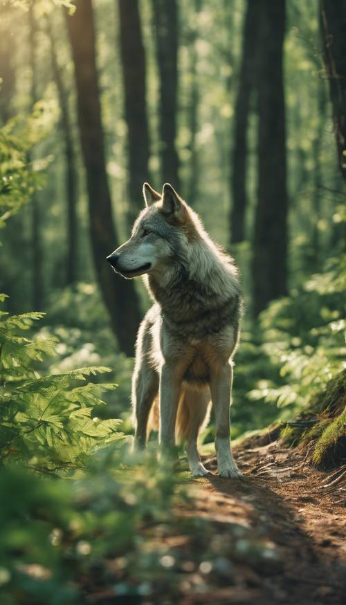 A green wolf standing in an emerald forest under the midday sun. Tapeta [1f36c87d9919412db0a4]