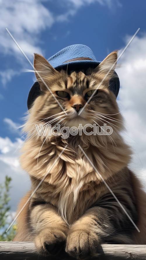 Fajny kot w czapce pod błękitnym niebem