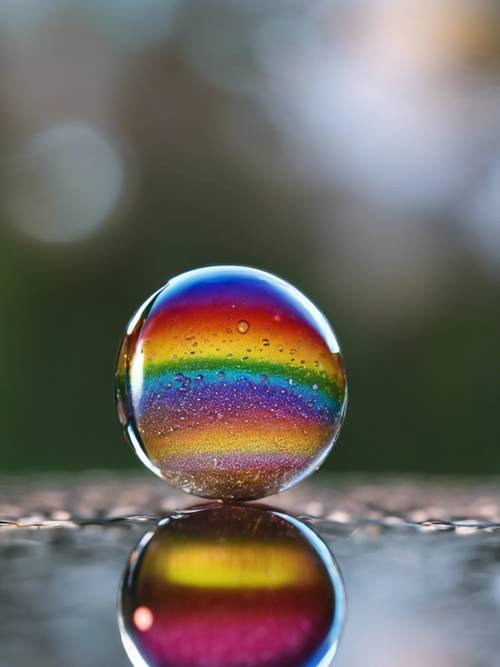 A close-up droplet´s view showcasing a miniature reflection of a rainbow.