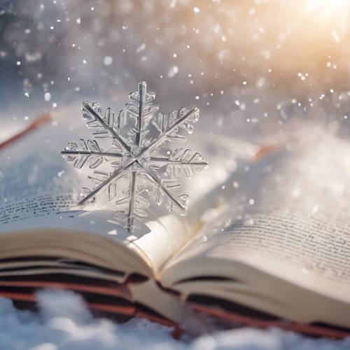 Floco de neve sentado em um livro aberto.