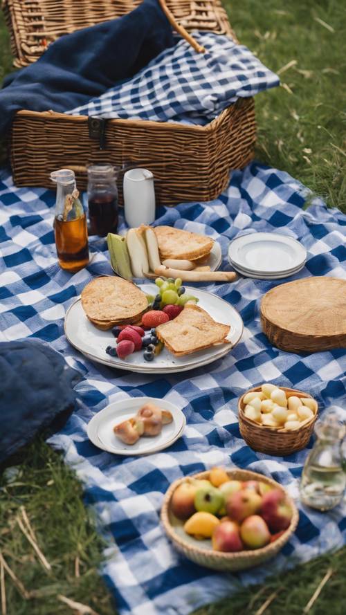A picnic scene with a classic blue gingham-checked blanket spread on the grass.