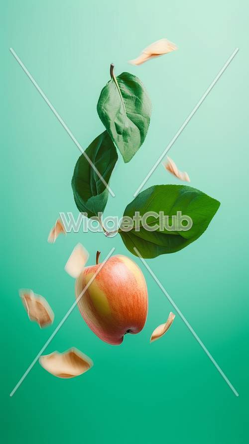 Magischer schwebender Apfel und Blätter