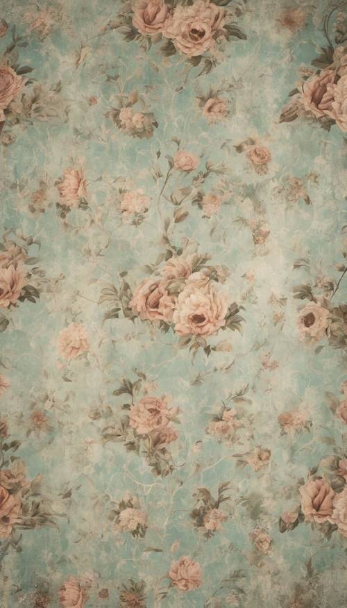 Vintage zarafet dokunuşuyla, hafif pastel tonlarda geleneksel çiçek desenlerine sahip, eskimiş, yıpranmış bir duvar kağıdı.