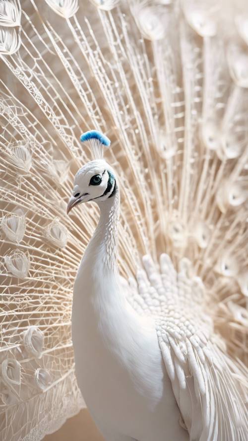 Seekor burung merak putih bersih melebarkan ekornya yang megah, tampak seperti kipas yang terbuat dari renda halus dengan latar belakang warna lembut.