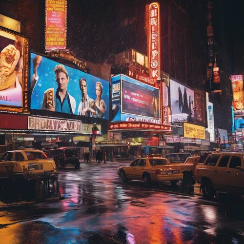 Os outdoors de néon brilhantes da Broadway em Nova York, anunciando musicais populares, sob uma leve garoa.