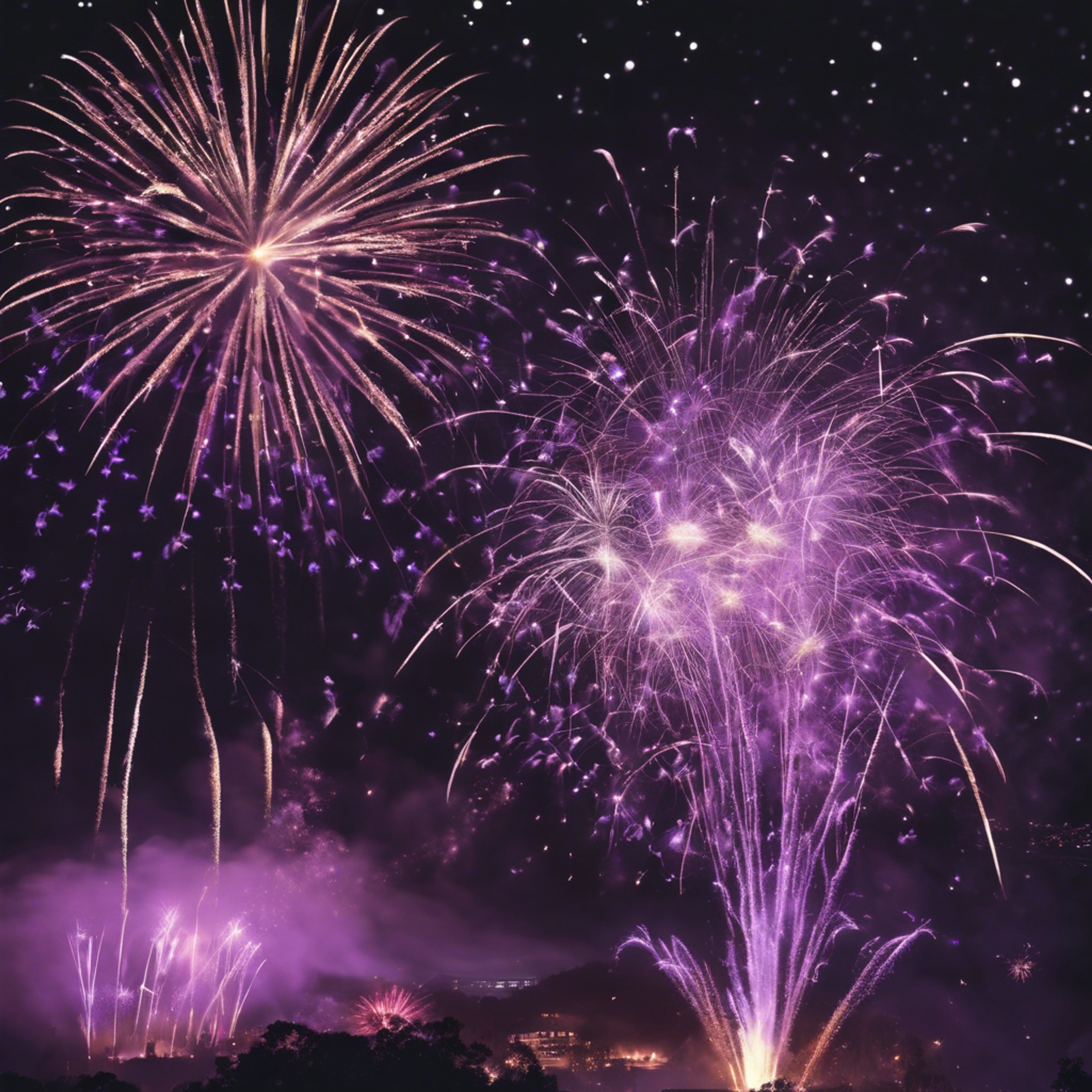 Black and purple fireworks lighting up the night sky during a grand celebration. วอลล์เปเปอร์[a63540e6fc8e4a549ec0]
