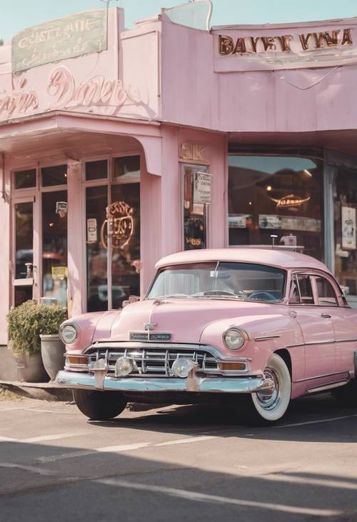 Un coche clásico de color rosa pastel estacionado junto a un pintoresco restaurante al borde de la carretera.