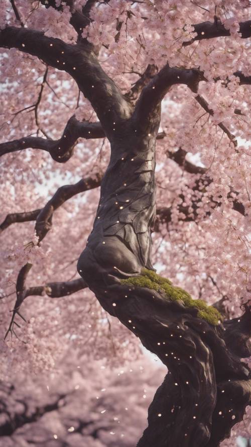 Hanami festivali sırasında, Yay burcuna benzeyecek şekilde oyulmuş bir salkım söğüt ağacının etrafına kiraz çiçekleri düşer.