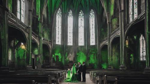 A black and green gothic wedding scene in an abandoned cathedral.