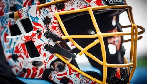 Una toma detallada del casco de un portero de lacrosse, pintado de colores brillantes con los logotipos del equipo.