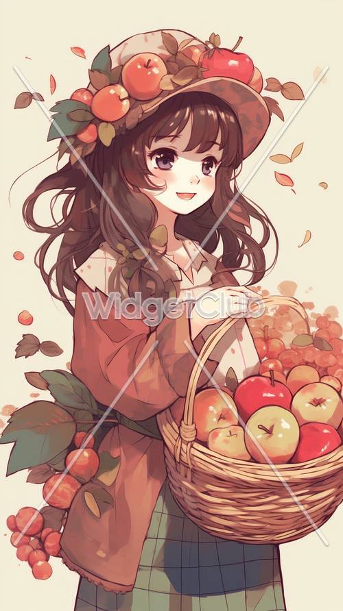 Девушка с осенним сбором яблок