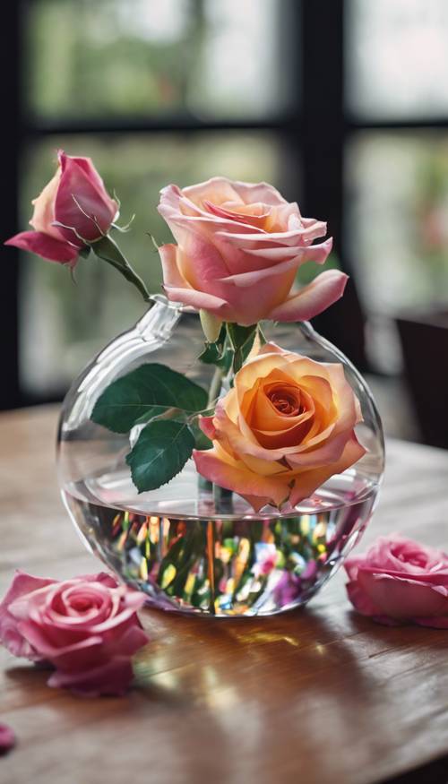 Mawar dengan kelopak berwarna-warni dalam vas kristal di atas meja kayu.