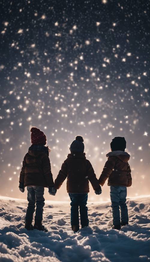 Silhouettes of a group of children making snow angels, under the starry winter sky. Tapet [97a6aba7dac44b1f8d02]