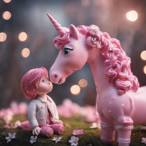 一隻淚流滿面的粉紅色獨角獸向它的仙女夥伴告別。