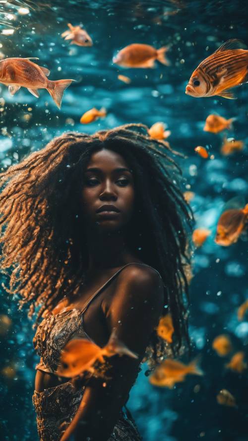 Una chica negra con cabello suelto bajo el agua en un mar lleno de criaturas marinas bioluminiscentes.